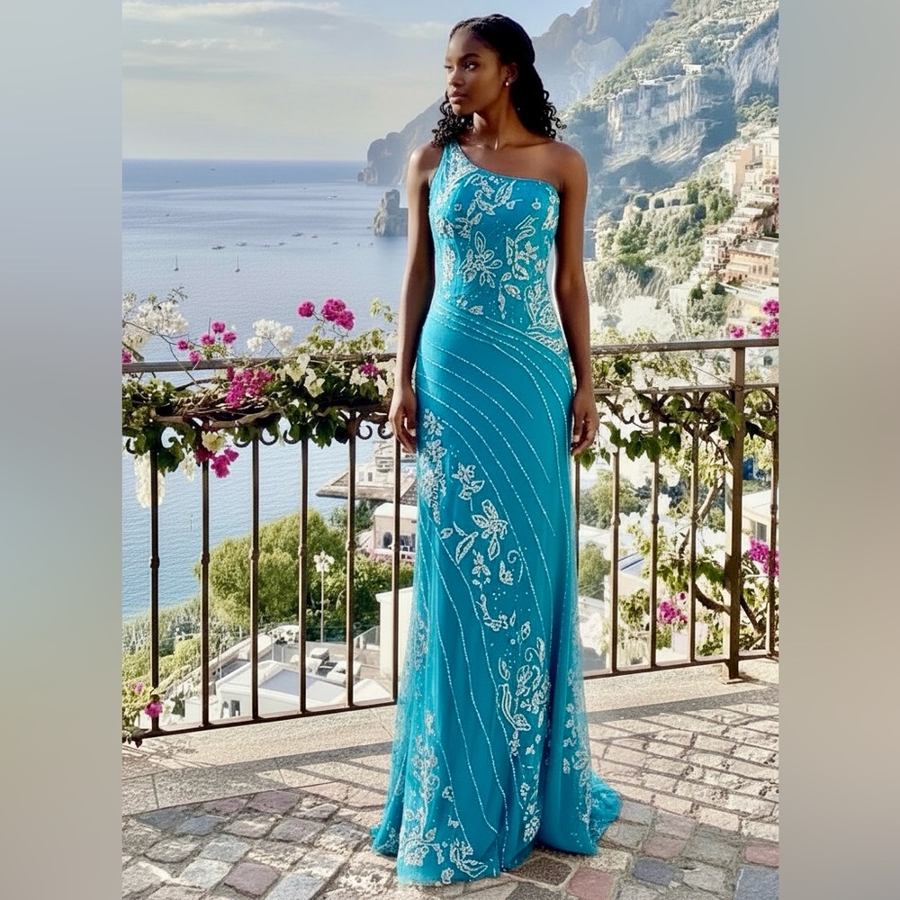 Elegant turquoise Blue One-Shoulder‎ Dress hand beaded intricate design